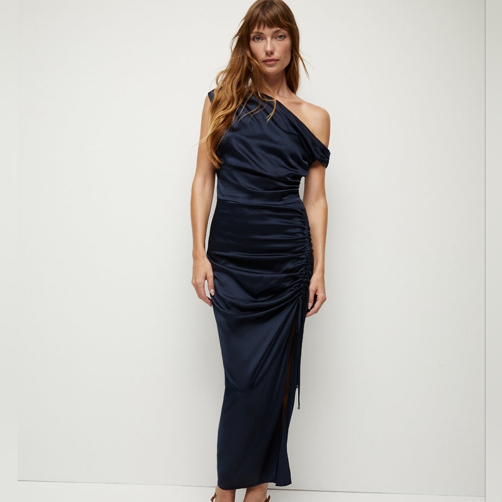 Veronica Beard navy Kadie Dress NWT 00 $648 stretch silk satin ruched mini